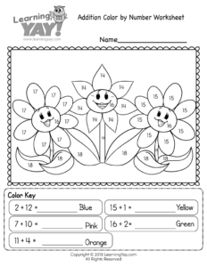 Addition Color By Number Worksheet For 1st Grade Free