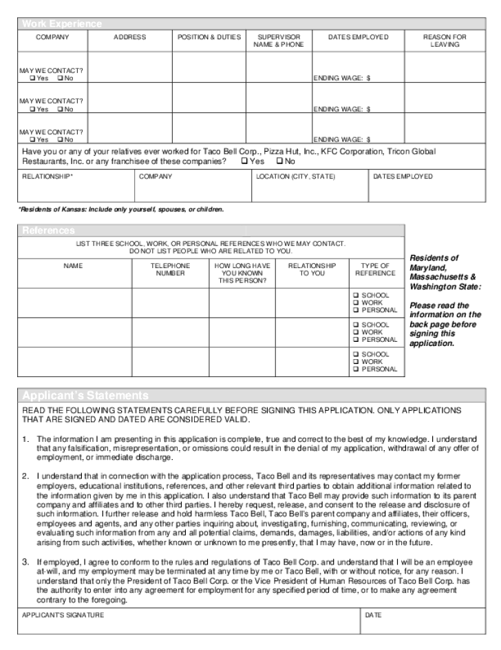 Taco Bell Application Form Printable NewFreePrintable