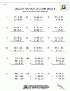 Math Worksheets For Fifth Grade Adding Decimals