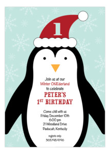 Penguin Winter Party 1st Birthday Invitations