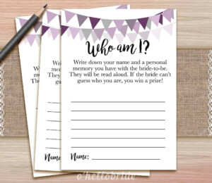 Who Am I Bridal Shower Game Memory Lane Printable Purple