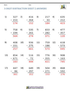 3 Digit Subtraction Sheet 2 Answers Subtraction Worksheets