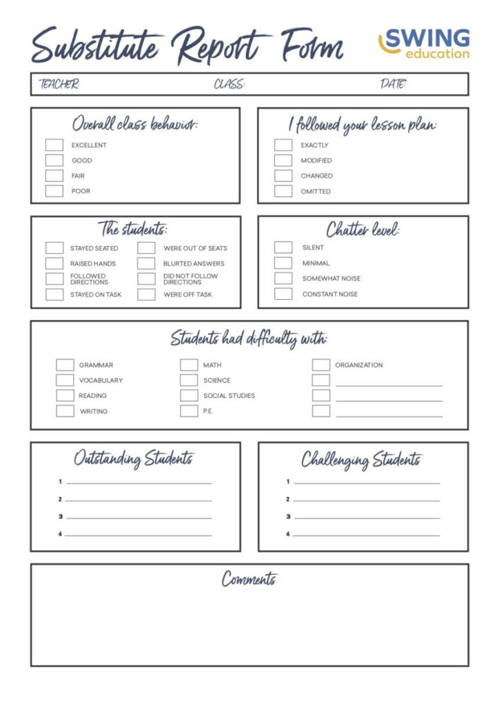 Substitute Teacher Information Form Printables NewFreePrintable