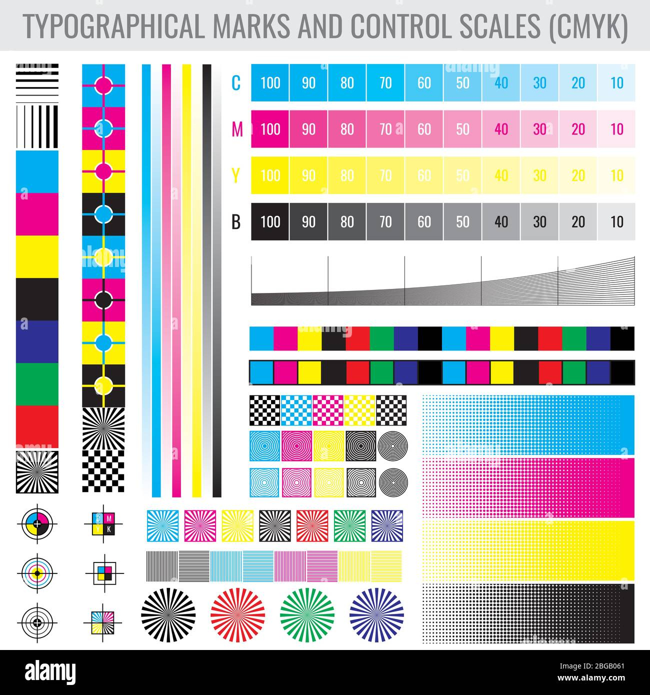 CMYK Press Print Marks And Colour Tone Gradient Bars For Printer Test 