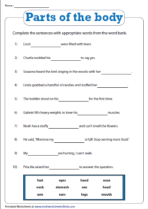 Fill In The Blanks Homework Worksheets Human Body Lesson English