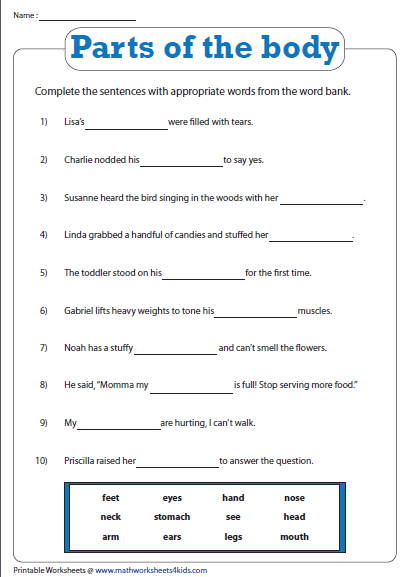 Fill In The Blanks Homework Worksheets Human Body Lesson English 