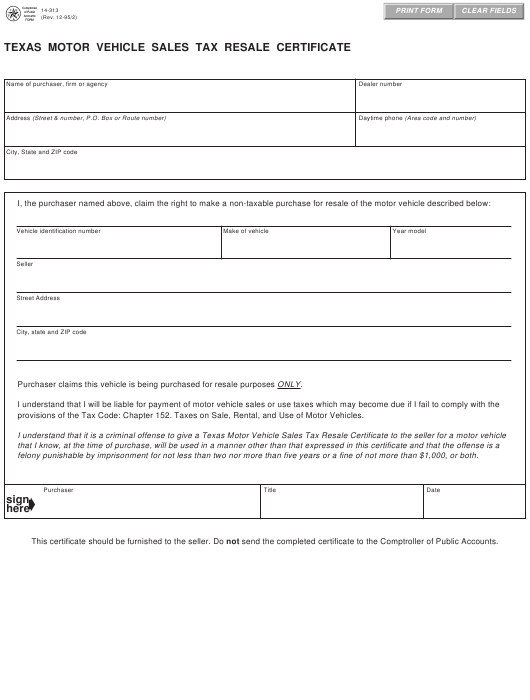 Form 14 313 Download Fillable PDF Or Fill Online Texas Motor Vehicle 