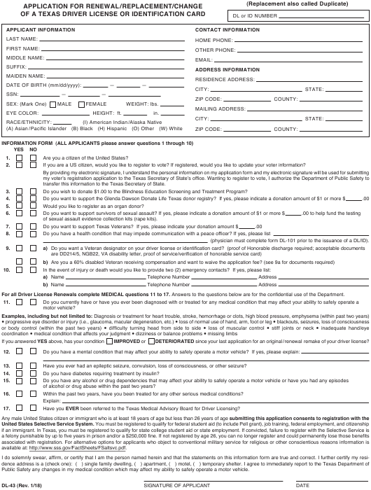 Form DL 43 Download Fillable PDF Or Fill Online Application For Renewal