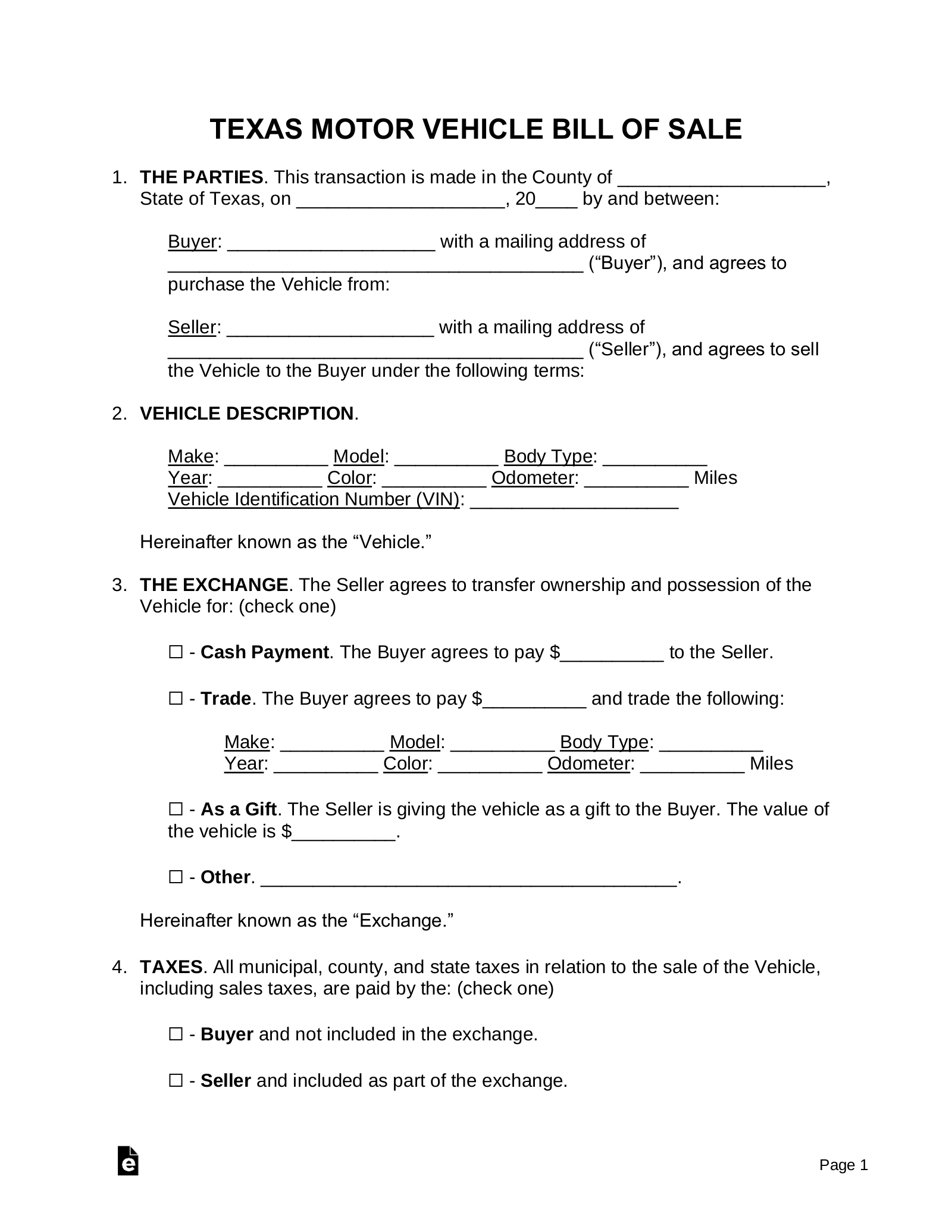 Free Texas Motor Vehicle Bill Of Sale Form PDF Word EForms