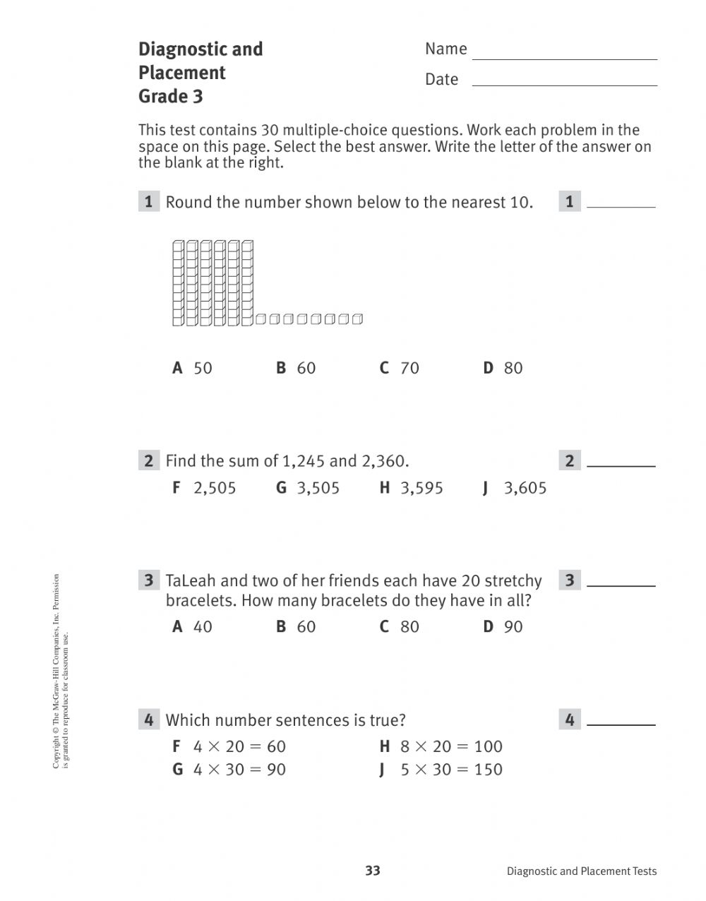 Grade 4 Math Diagnostic Assessment Part 1 Worksheet