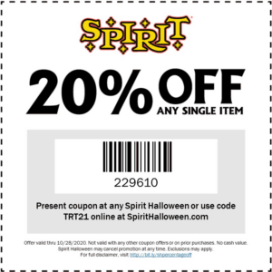 June 2022 20 Off A Single Item At Spirit Halloween Or Onine Via