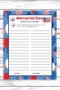 Memorial Day Word Challenge Game Printable Kids Activity Sheet