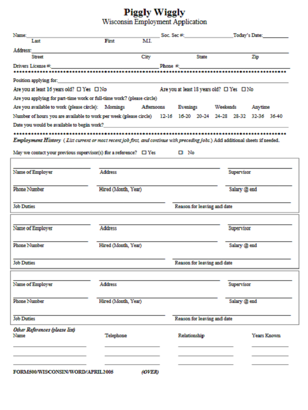 Piggly Wiggly Job Application Form