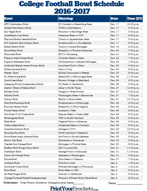 Printable College Football Bowl Schedule Pick em College Football 