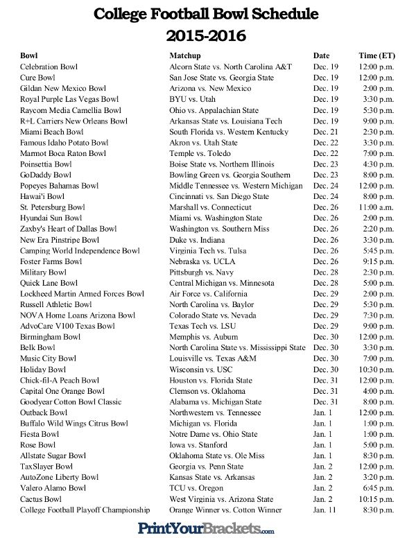 Printable College Football Bowl Schedule Pick em Sheet 2015 2016 