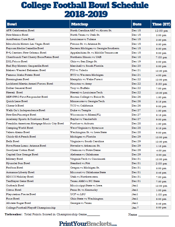 Printable College Football Bowl Schedule Pick em Sheet 2022 2023