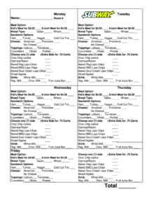 Printable Subway Order Form Printable Word Searches