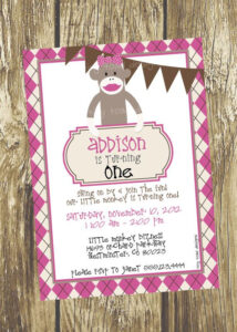 Sock Monkey First Birthday Birthday Party Invitation Girl DIY