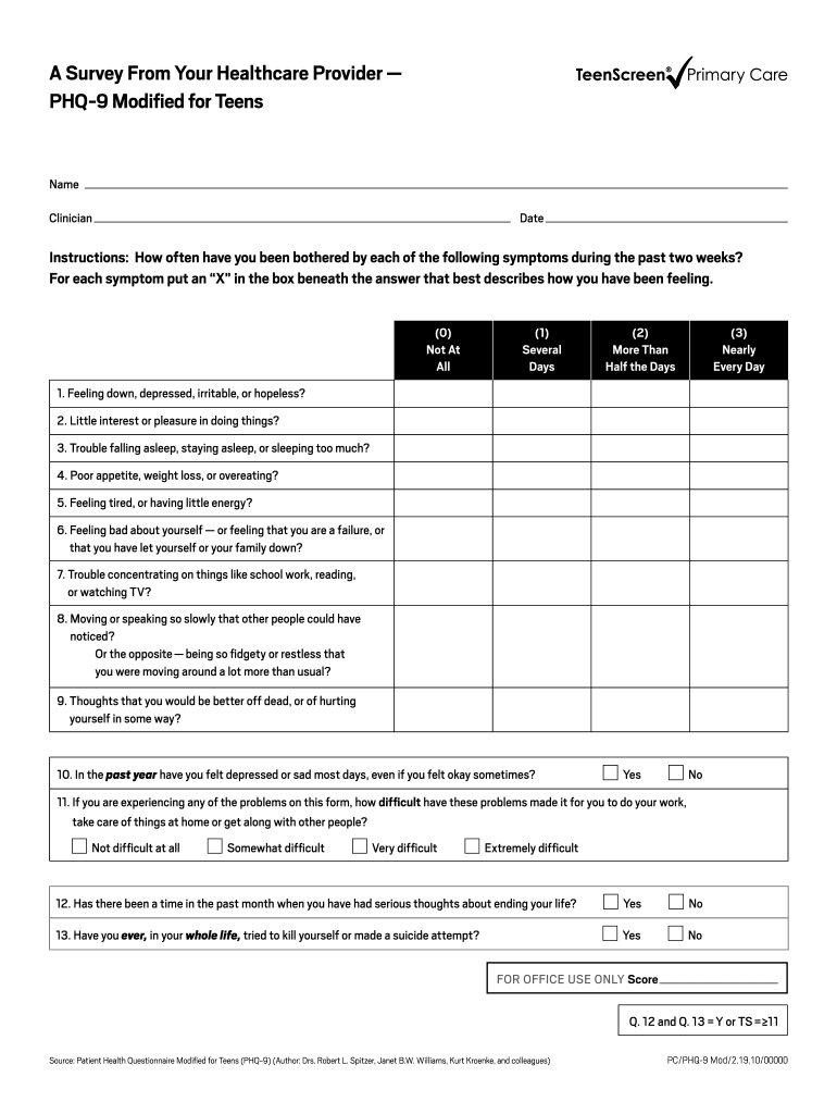 Teen Phq 9 Form Fill Out And Sign Printable PDF Template SignNow