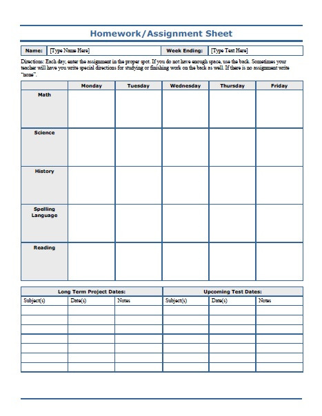 Weekly Homework Assignment Sheet Free Printable