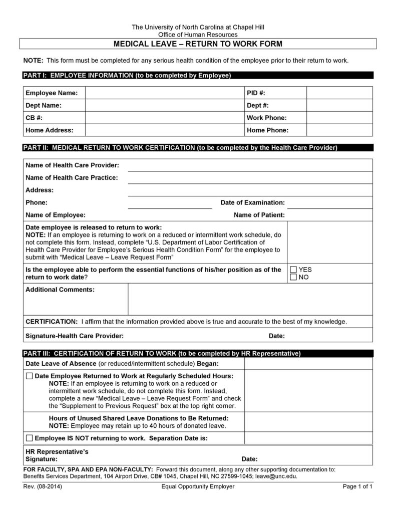 49 Best Return To Work Work Release Forms TemplateLab