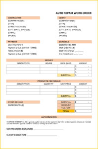 Sample Auto Repair Work Order Template GeneEvaroJr